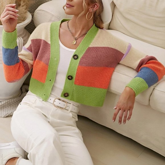 Sweaters - Color Block Button Up Cardigan